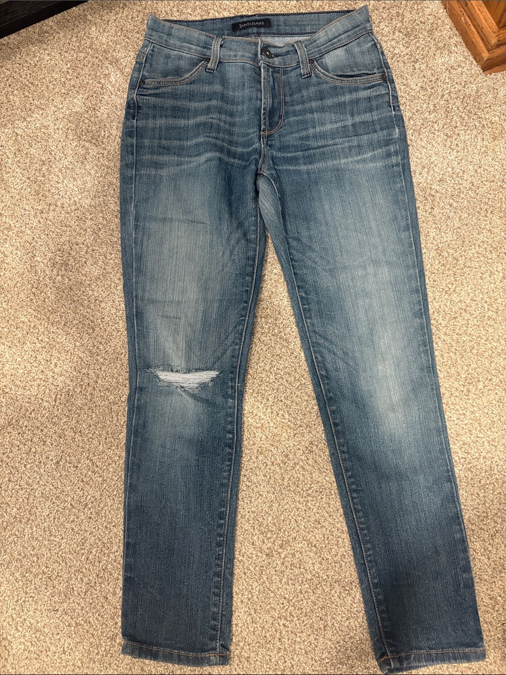 James Jeans Women's Skinny Jeans in Medium Blue Wash with Knee Distress